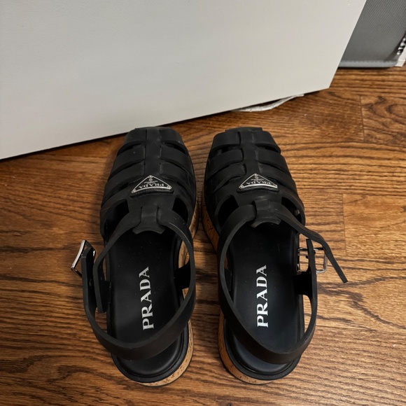 Prada Prada Black Rubber Monolith Platform Cork Sandals - Picture 11 of 12